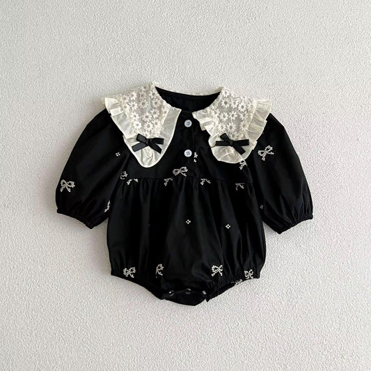 Embroidered Bow Long Sleeve Romper